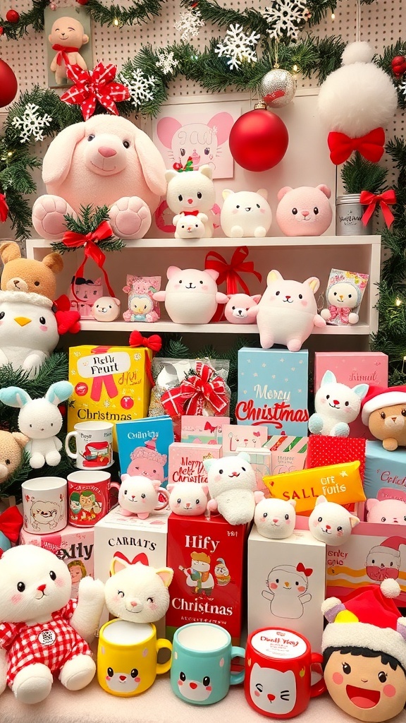 A collection of kawaii Christmas gifts including plush toys, mugs, and stationery, surrounded by holiday decorations.